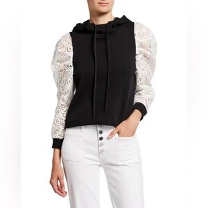 ALICE + OLIVIA Jeans Muffy Lace Puff Sleeve Hoodie Black White size XS